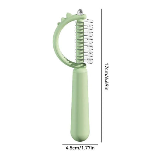 Blue dinosaur-shaped self-cleaning cat brush with stainless steel pins