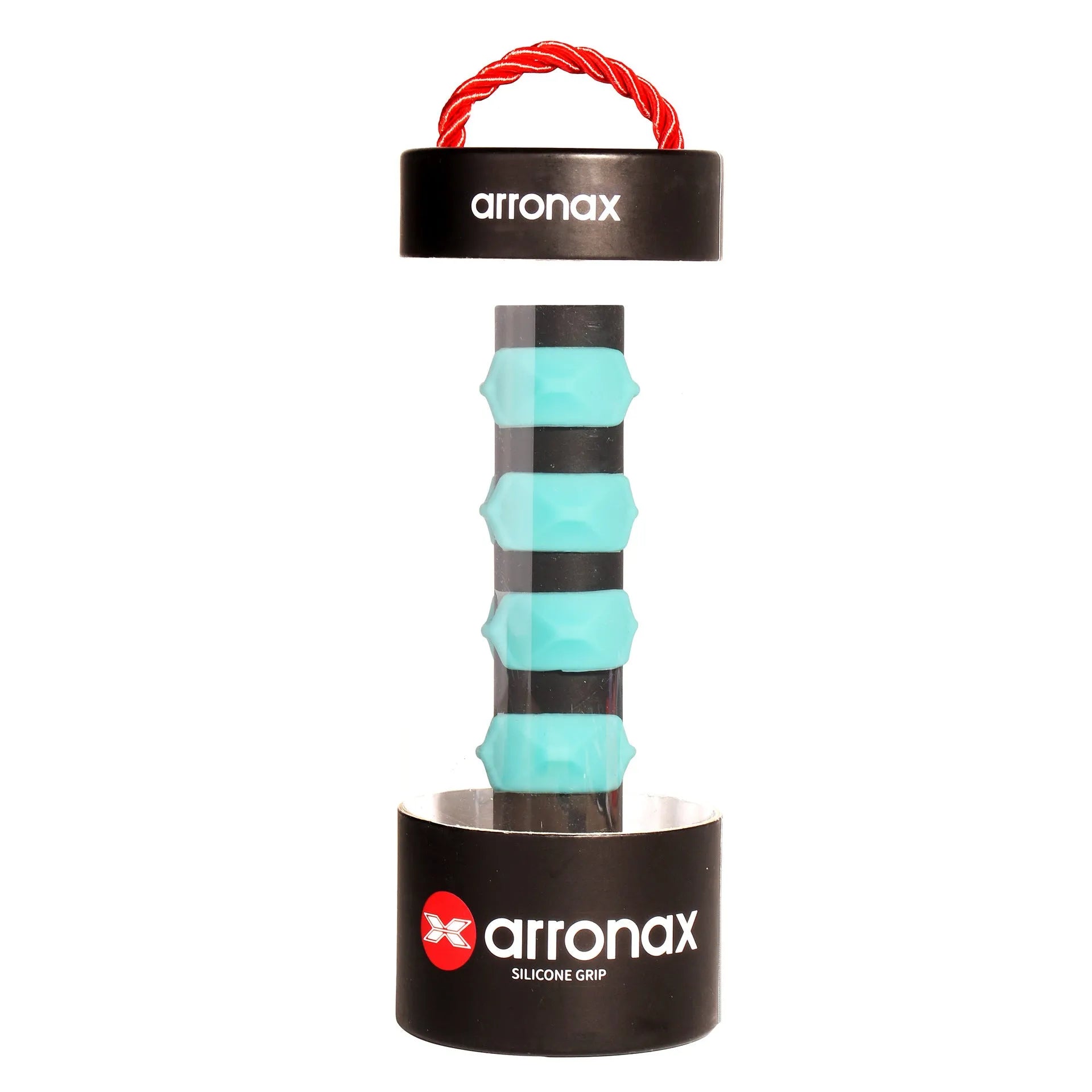 Silicone racket hand rubber buckle accessory shown in multiple colours next to a tennis racket.