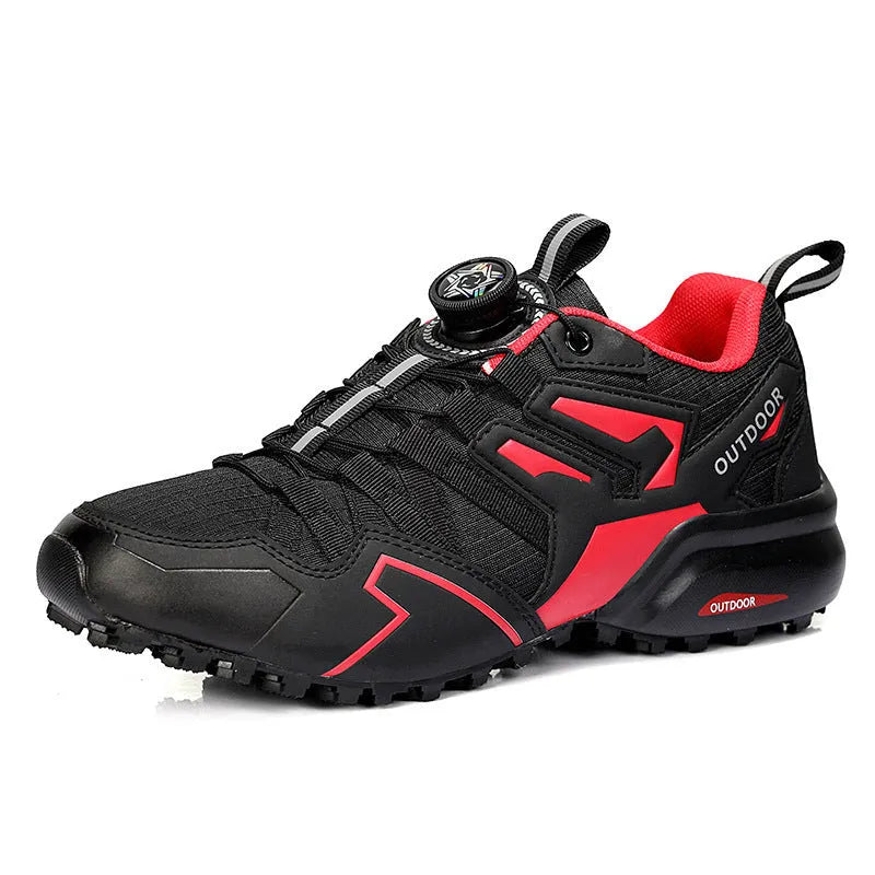 Men's beige and black lightweight hiking shoes with an elastic band closure and textured rubber sole.