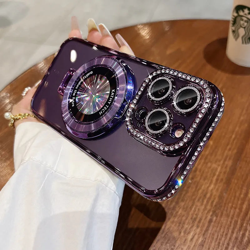 Transparent silicone iPhone case with magnetic bracket and rhinestone decoration in five colour options