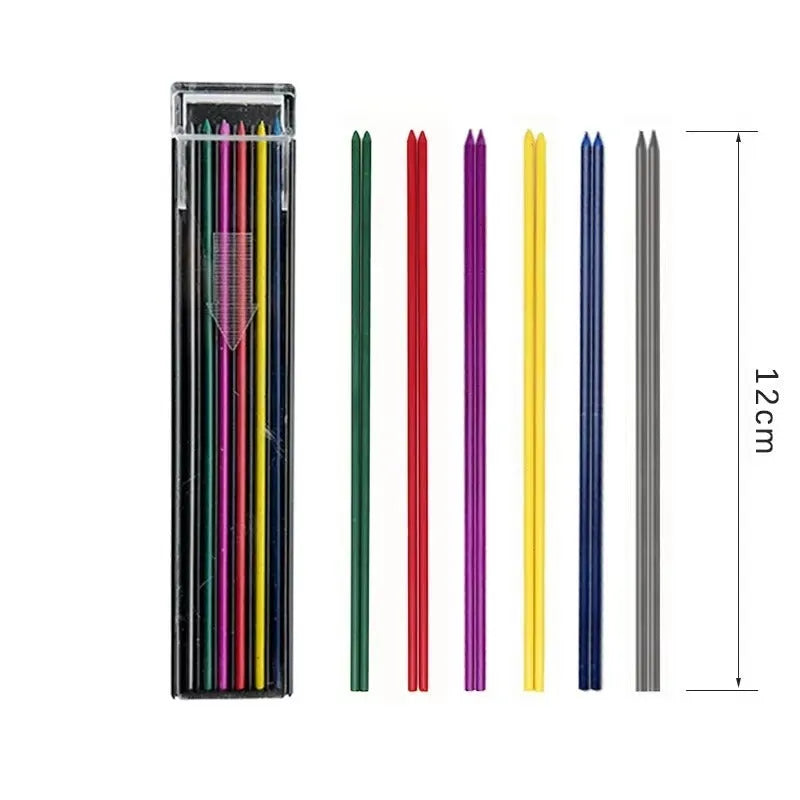 Boxed set of 12 coloured mechanical pencil refill leads in plastic tube with rainbow colour selection