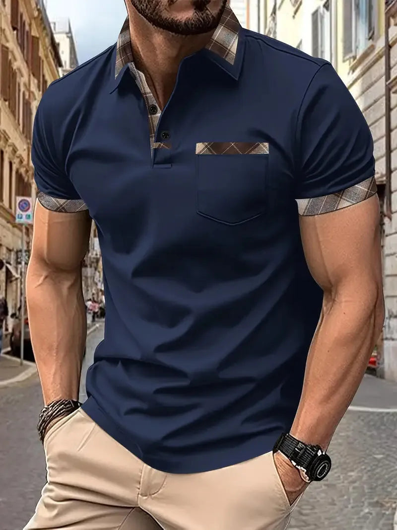 Men's loose fit colourblock plaid t-shirt with zip decorations in multiple colour options