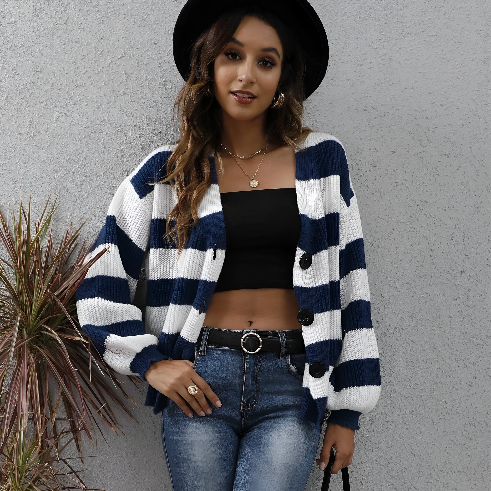 Women's striped cardigan in deer plush fabric with button front closure in blue colour