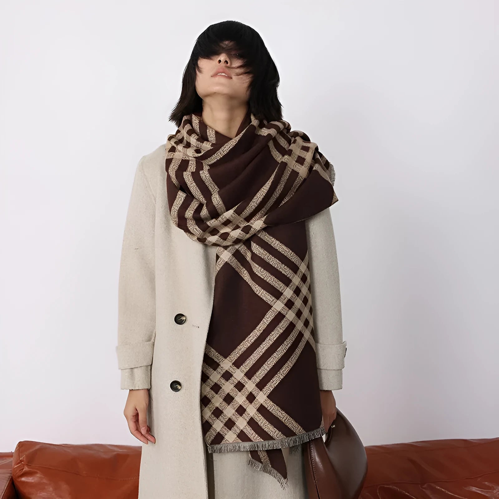 Women's imitation cashmere scarf with tassels in brown colour showing 185cm length