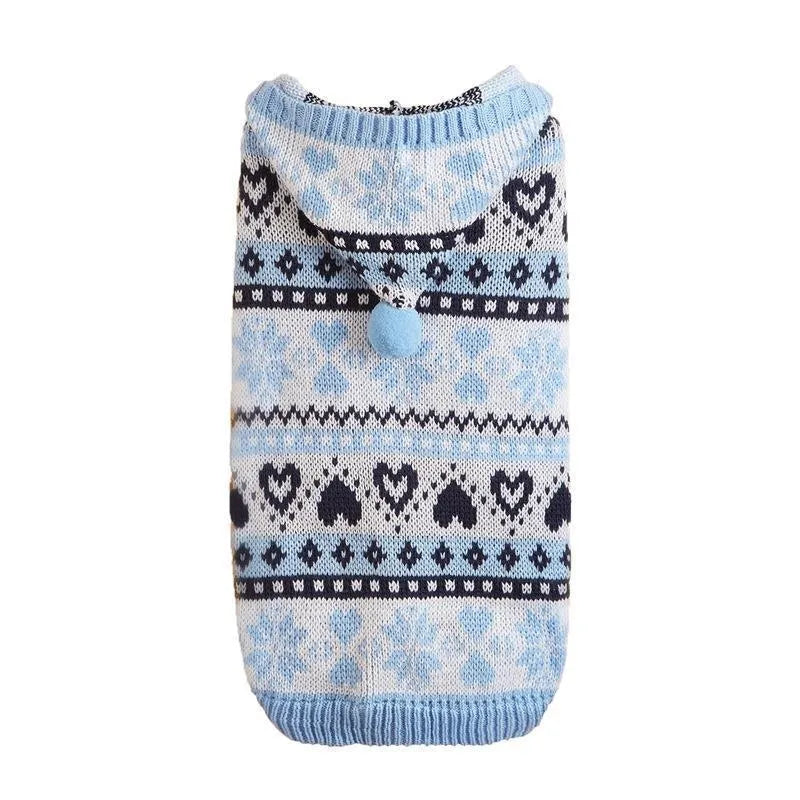 Pink, blue, and grey striped camouflage pattern acrylic knitted dog jumper on a small dog.