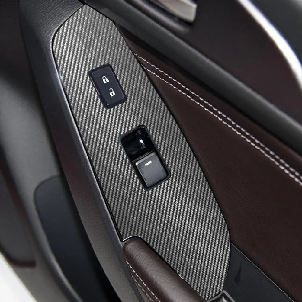 Set of 4 TPU protective films for car door glass switch panels in transparent, carbon fibre black, and matte black finishes