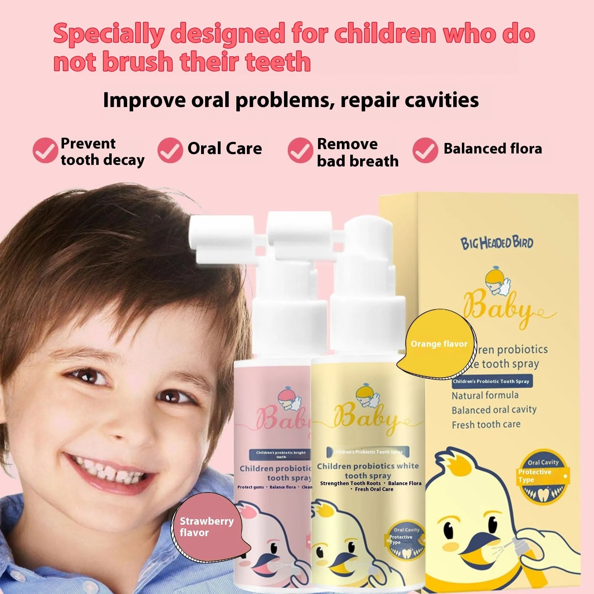 Children's probiotics teeth cleaning spray bottle 40ml with orange and strawberry flavour options