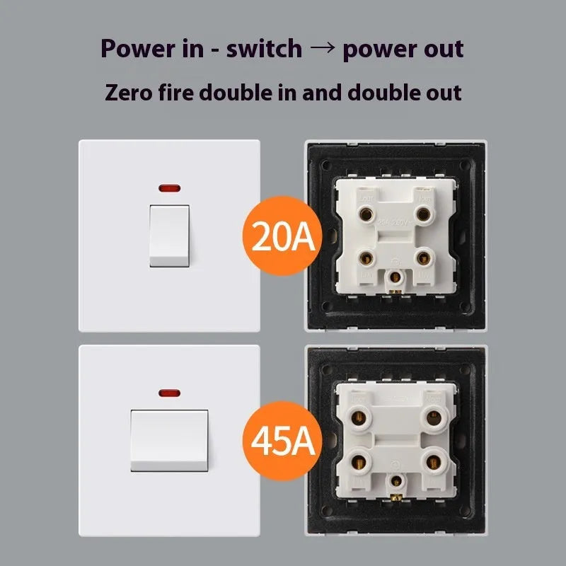 Gold, grey, and white 25A 45A high-current double-break switch with illuminated light panel.