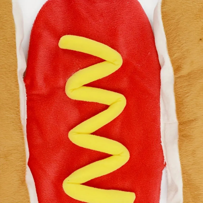 Brown and beige hot dog costume on a Dachshund dog, showing sausage-shaped design with warm lining.
