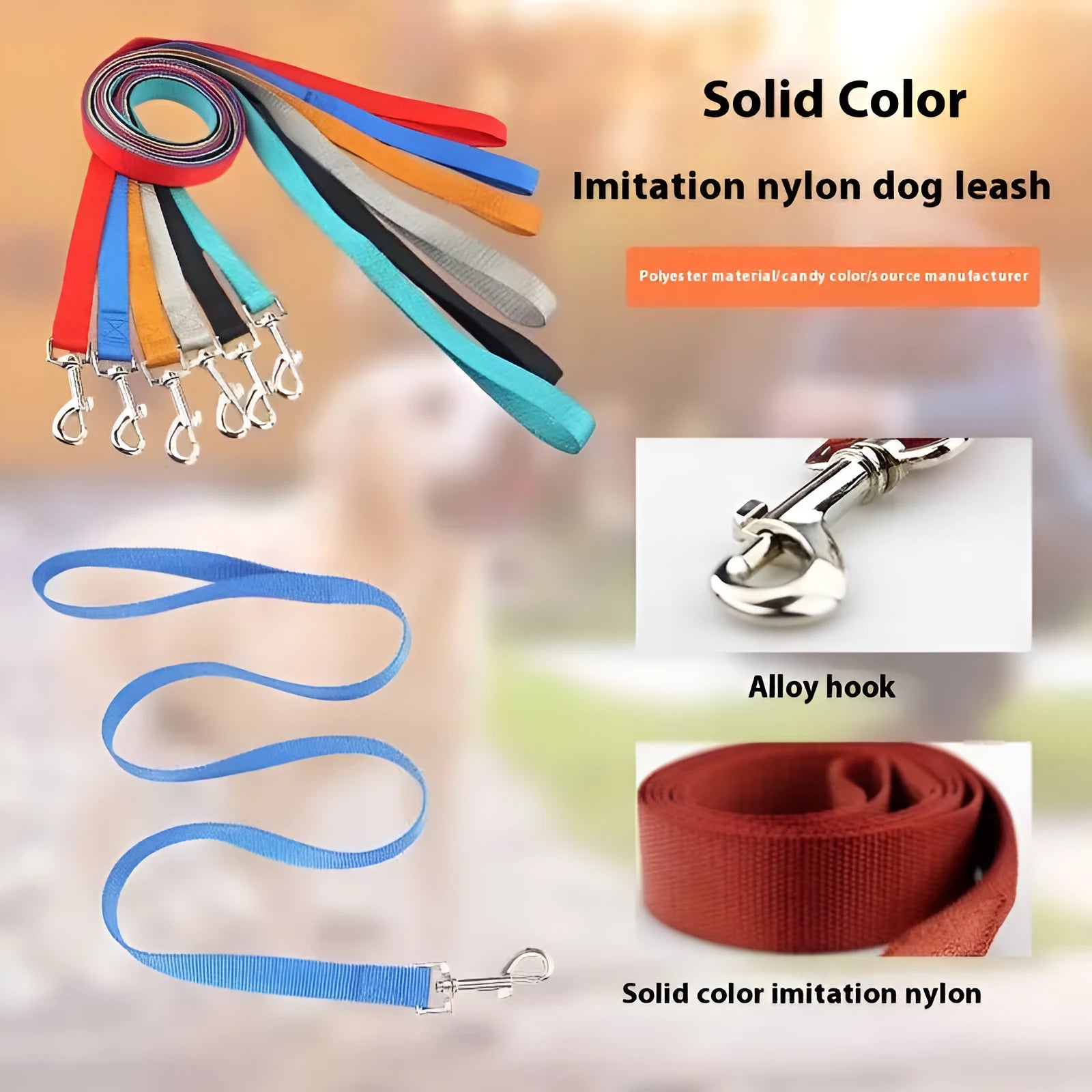 Solid colour nylon dog rope leash showing four width options and multiple colour choices for pet control