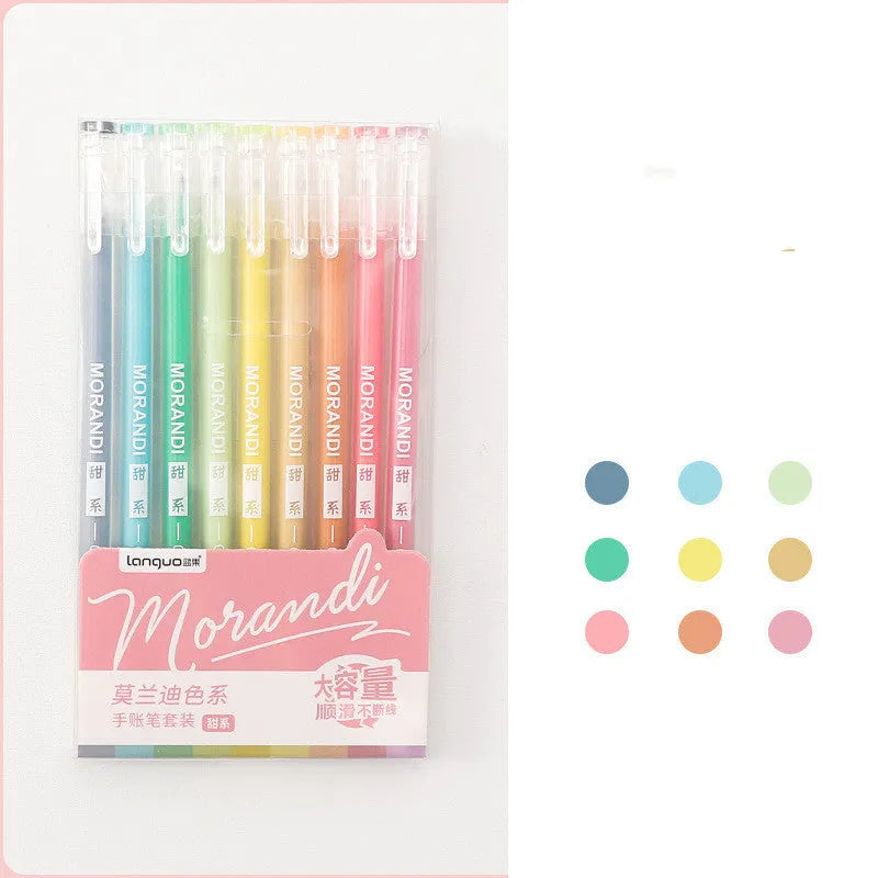 Retro style gel pen set with nine 0.5mm needle tip pens in plastic case measuring 15.2x8.5cm