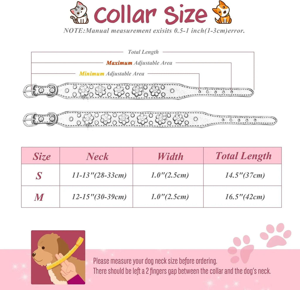 Black PU leather dog collar with rhinestone flowers and metal studs, showing the adjustable eyelets and D-ring.