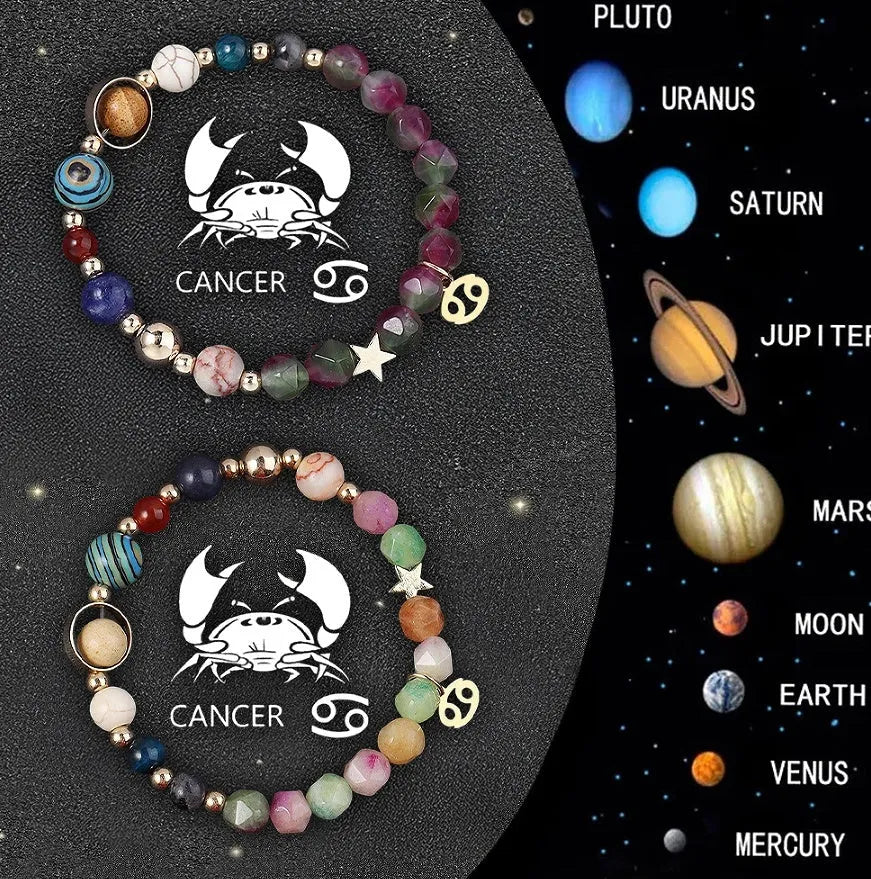 Natural stone beaded bracelets with zodiac symbols on stretchy elastic cord, showing two bracelets in set.