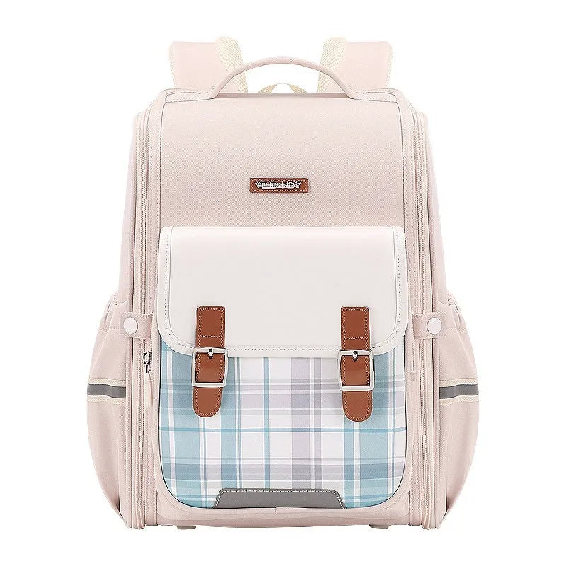Lightweight Oxford cloth student school backpack in navy blue, designed for grades 5-6 with large capacity.