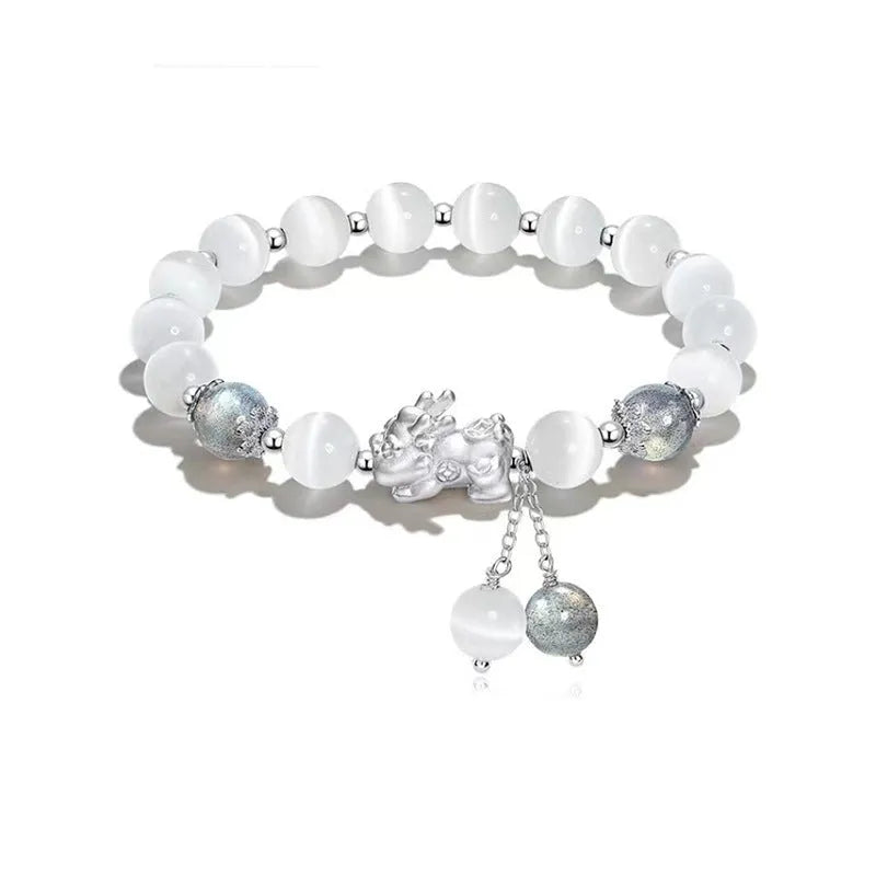 Natural black agate couple bracelet with 10mm wave beads and grey opal accents