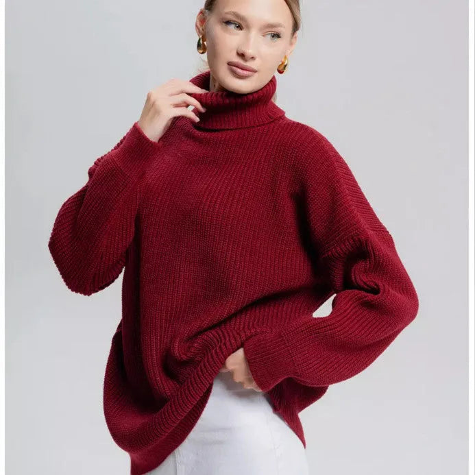 Women's high-neck pullover sweater in thick imitation cashmere fabric, shown in solid black colour.