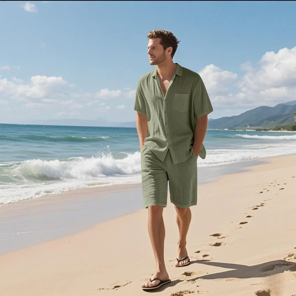 Men's light blue linen blend short sleeve shirt and matching shorts laid flat.