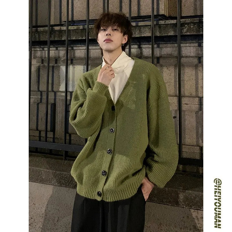 Men's army green cotton blend V-neck cardigan sweater with long sleeves in loose casual style