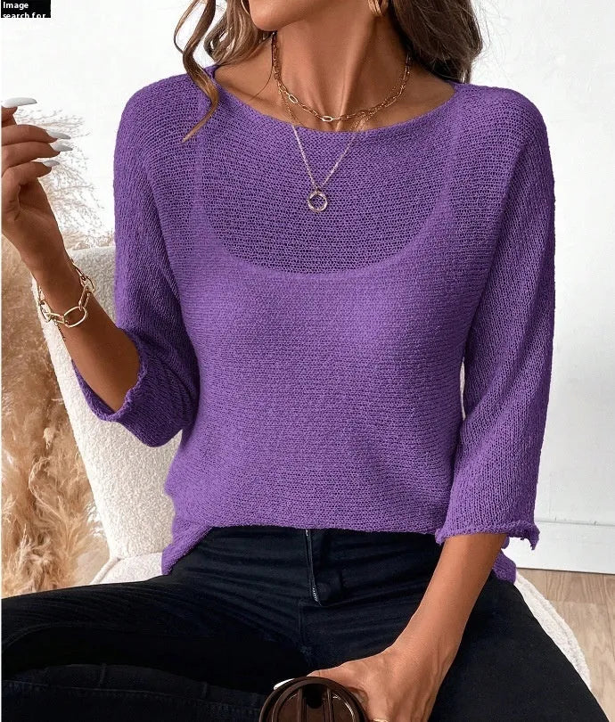 Women's off-shoulder knitted pullover top with 3/4 sleeves in thin polyester fabric