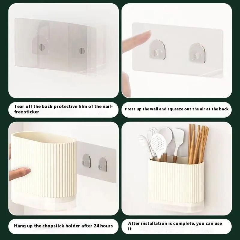 Plastic wall-mounted chopstick and spoon basket in cross-bar design on kitchen wall