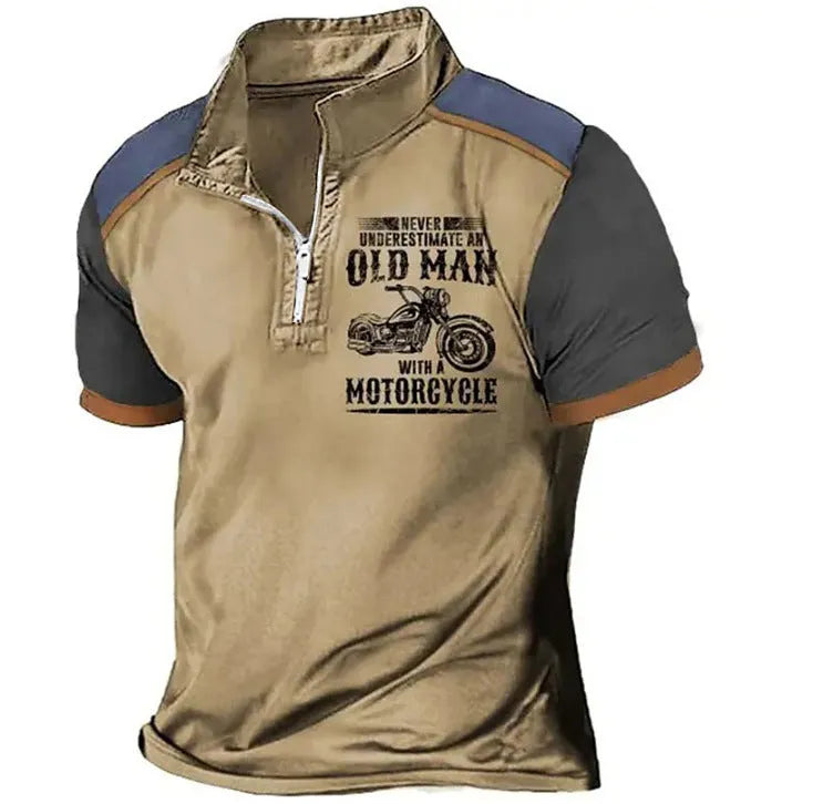 Men's grey casual polo shirt with a lapel collar and large white digital letter print on the front.