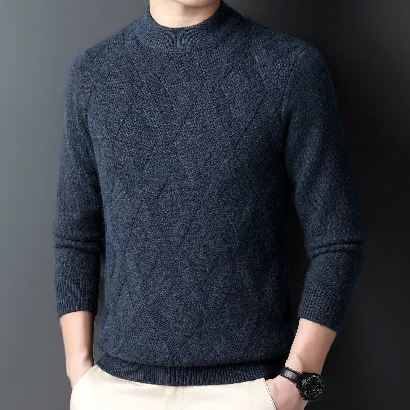 Men's thick winter sweater in diamond jacquard pattern, shown in light camel colour