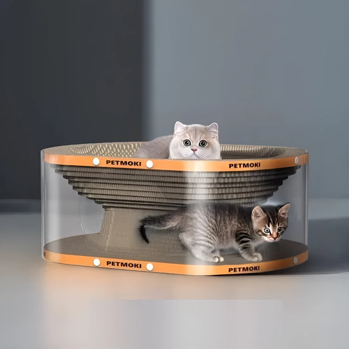 White transparent PVC cat tunnel nest with integrated corrugated board scratch panel