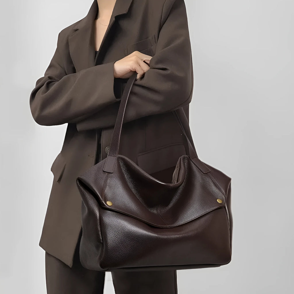 Brown genuine leather women's shoulder bag with horizontal square shape and shoulder strap