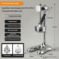 Vertical stainless steel manual juicer on zinc alloy base, showing colour and head style options.