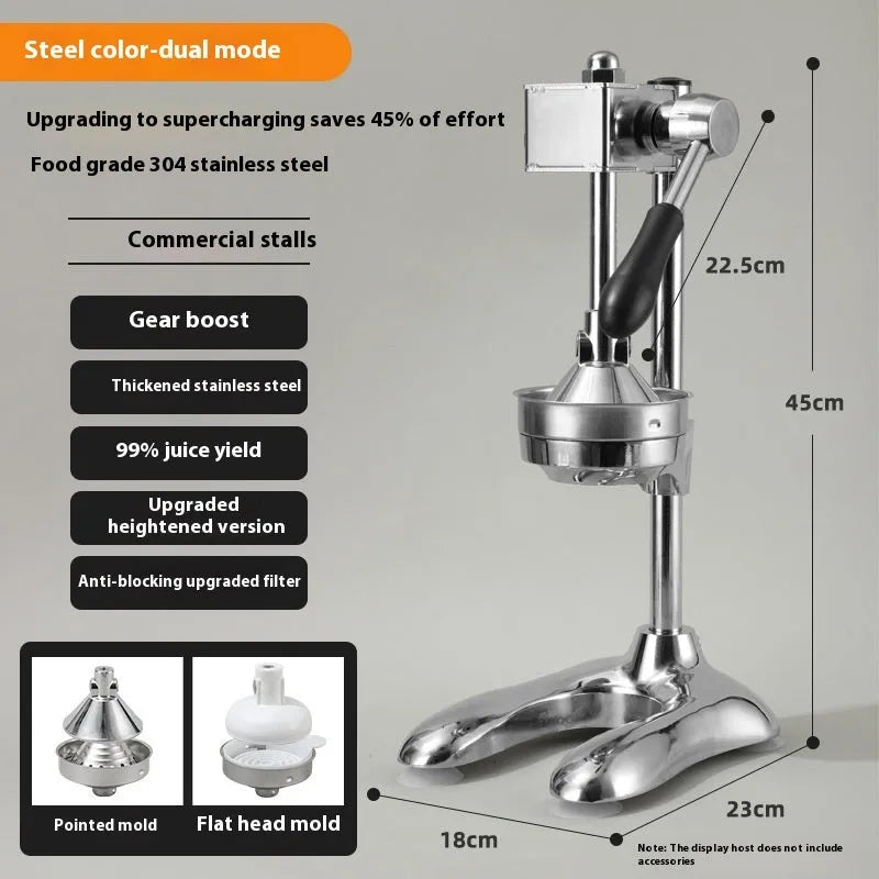 Vertical stainless steel manual juicer on zinc alloy base, showing colour and head style options.