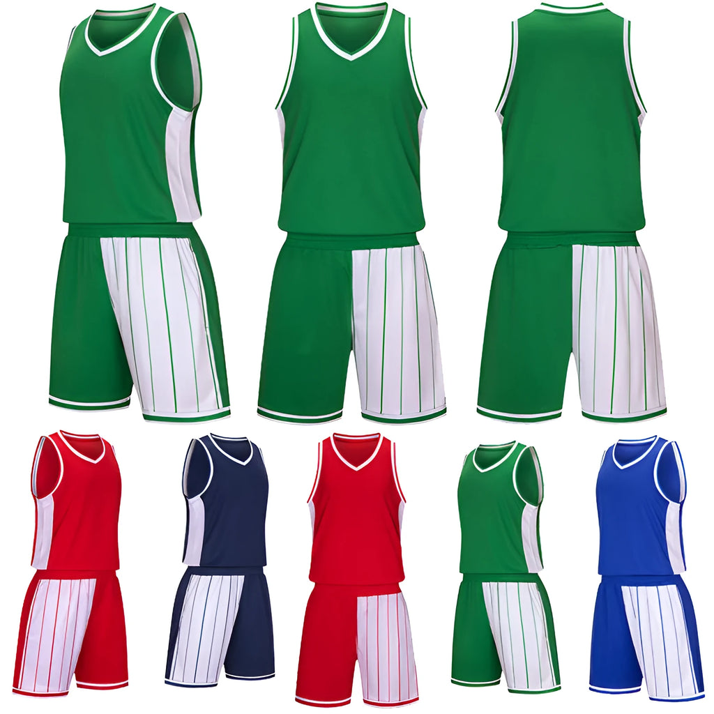 Men's basketball training uniform set in quick-dry polyester, showing top and shorts in blue colour option