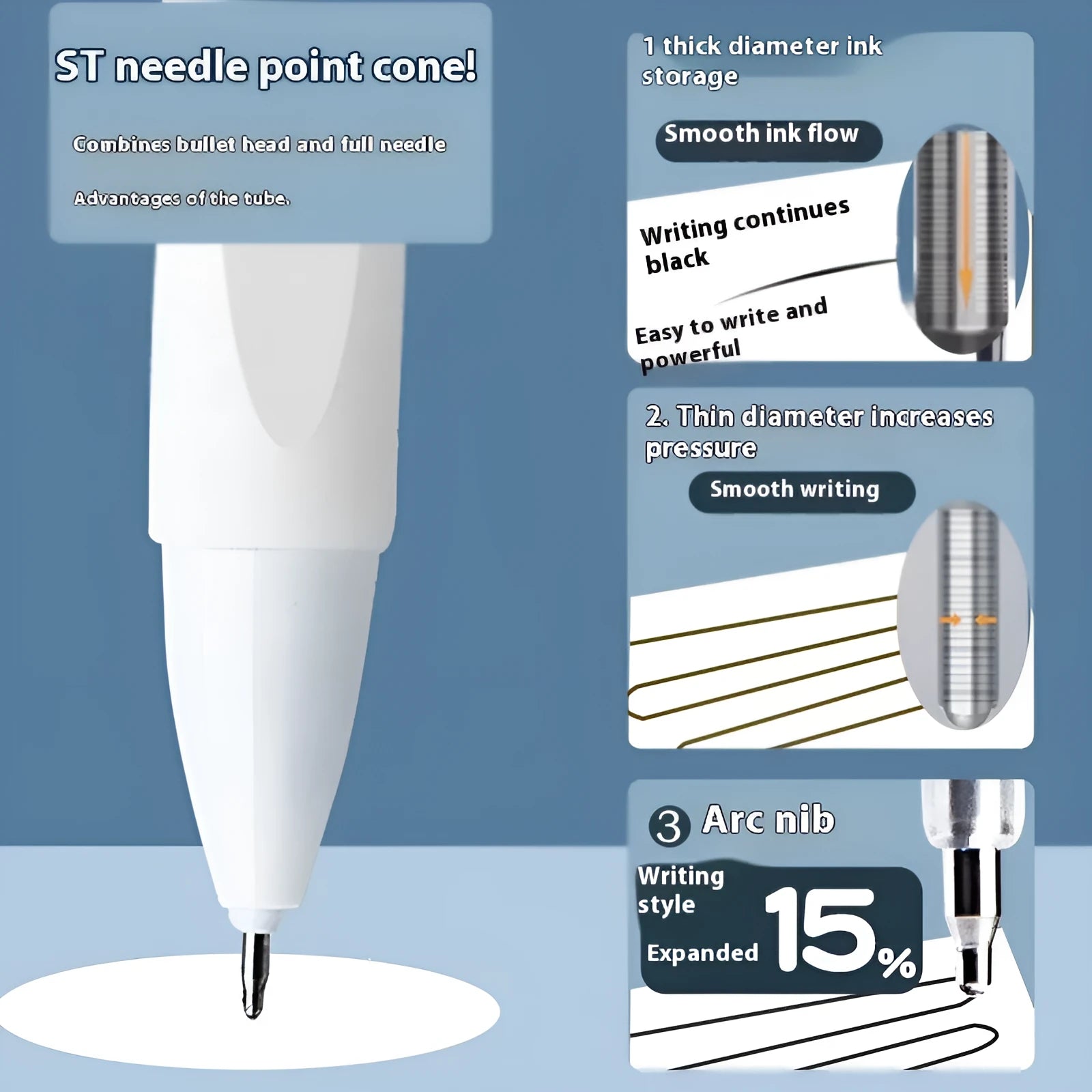 Quick-drying ballpoint pen refill with 500m writing length in black, red, blue, and ink blue colours.