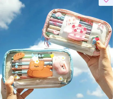 Transparent heart-shaped pen bag with rabbit illustrations in pink or red Korean-style design