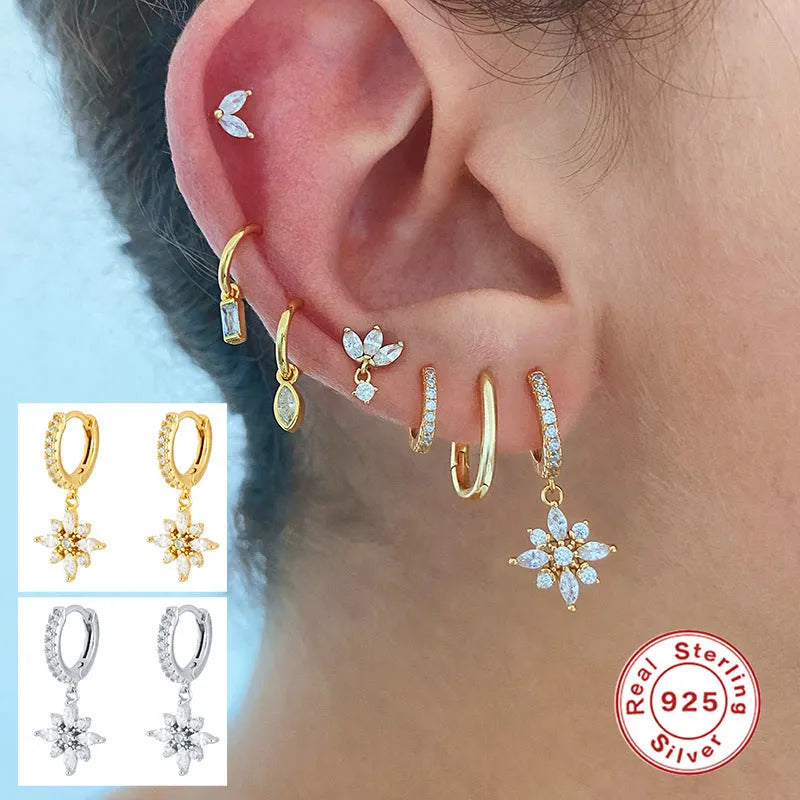 S925 sterling silver diamond snowflake pendant earrings with gemstone inlay in geometric design