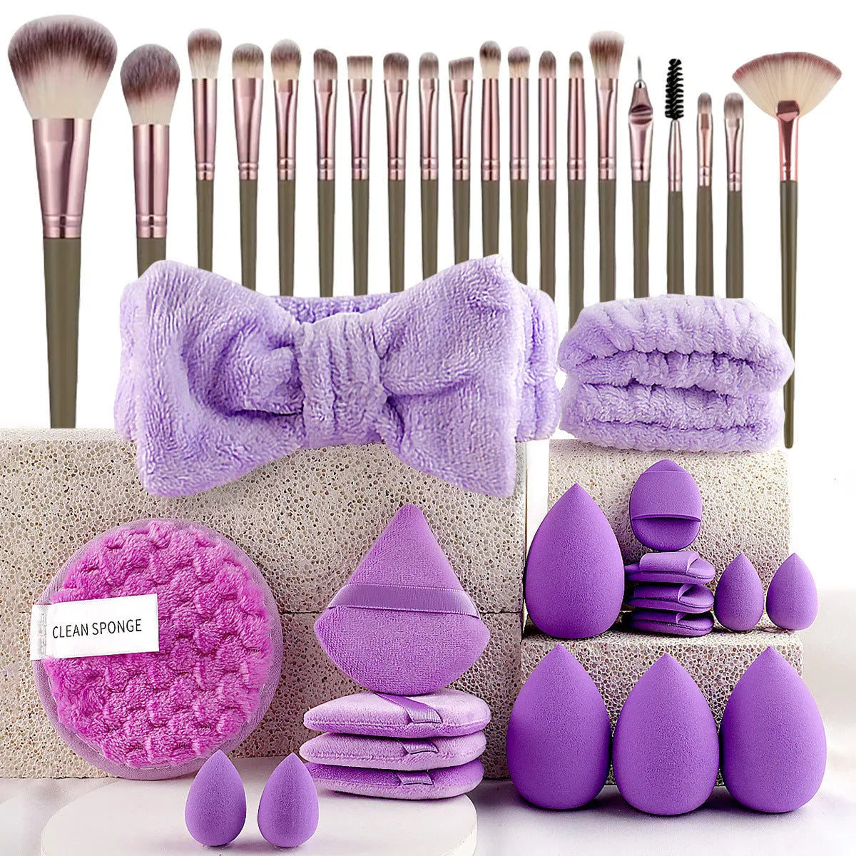Beauty tools combination suit for face wash and makeup in brown, pink, purple colours