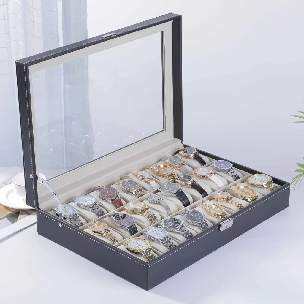 Grey high-grade leather watch storage box with a transparent dustproof lid.