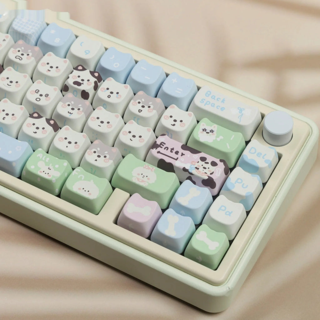 Complete PBT keycap set with cat and puppy illustrations for mechanical keyboards