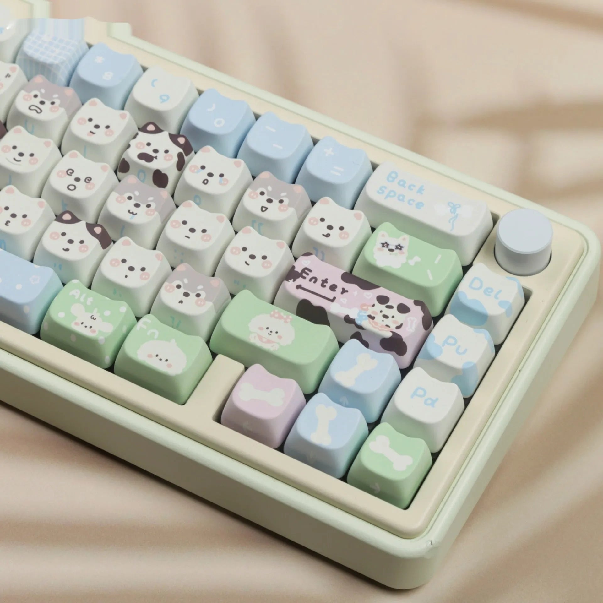 Complete PBT keycap set with cat and puppy illustrations for mechanical keyboards