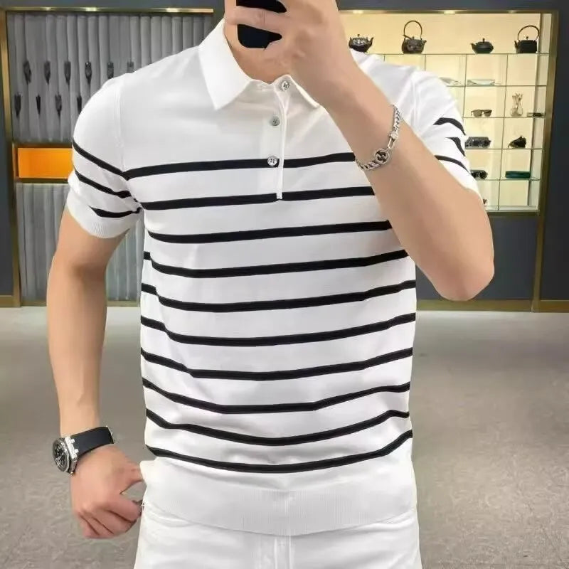 Black and white striped pullover knitted t-shirt with lapel detail and non-iron chemical fibre blend fabric