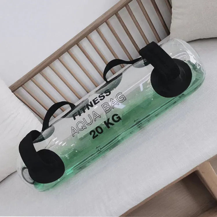 Transparent inflatable PVC bag filled with water, serving as an adjustable weight for strength training.