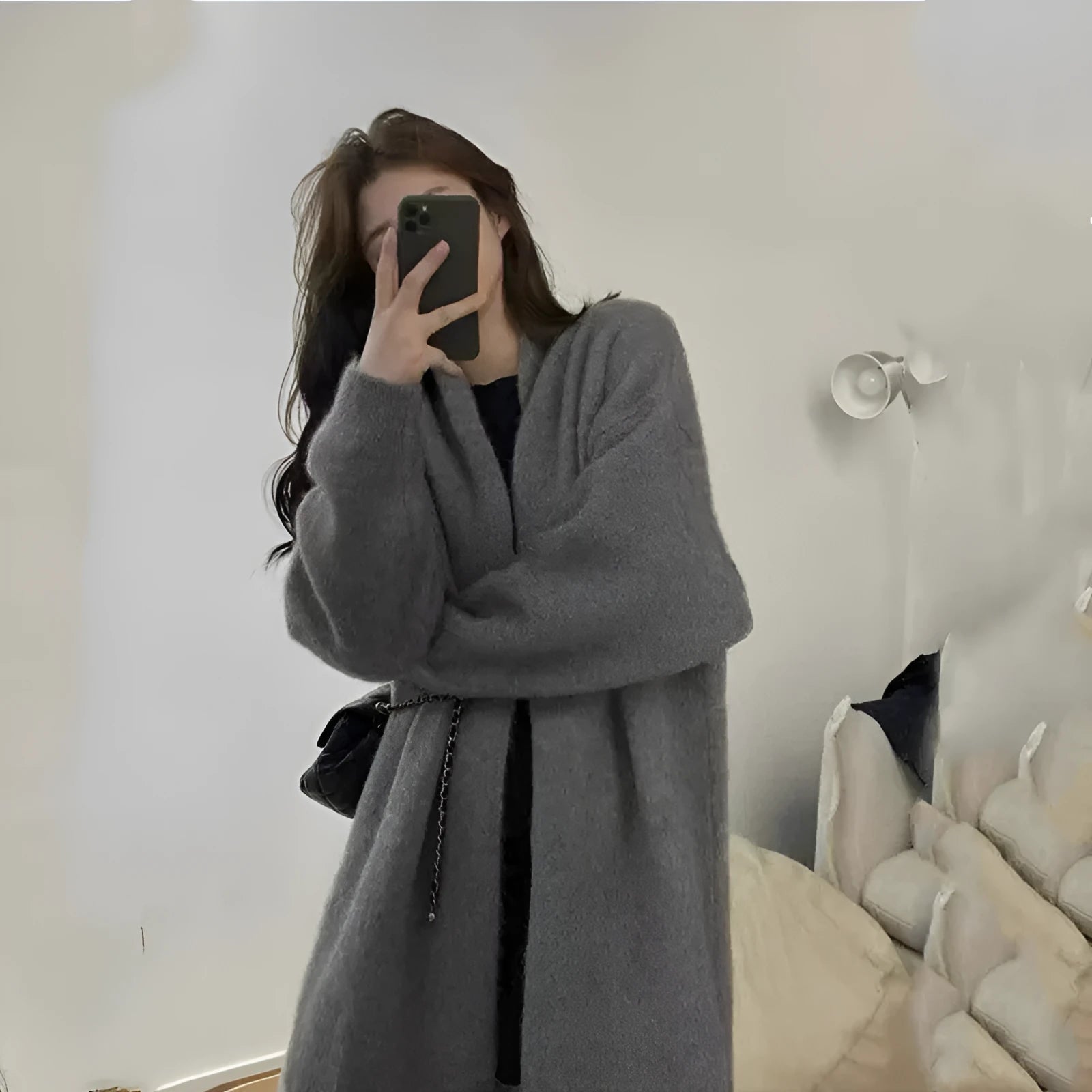 Women's loose dark gray knitted cardigan with 3D pattern and long sleeves
