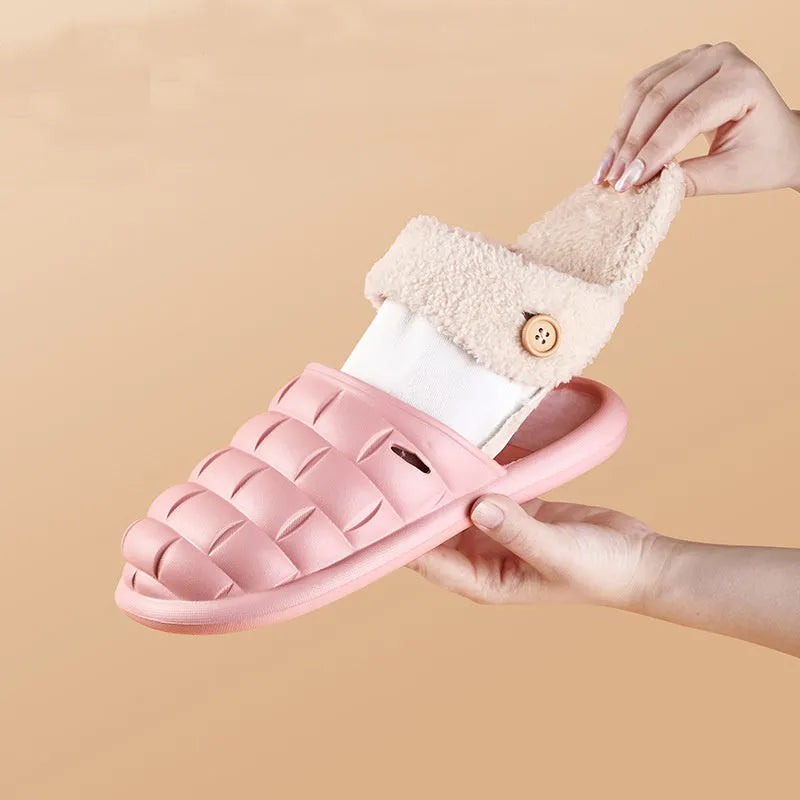 Women's EVA plush house slippers with detachable sleeves in pink, showing slip-on and overshoe wearing modes