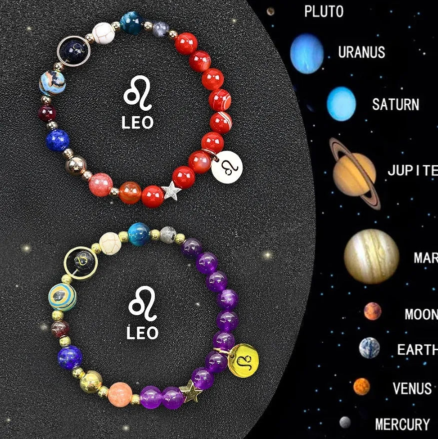 Natural stone beaded zodiac bracelet set showing twelve astrology constellation designs with adjustable cord