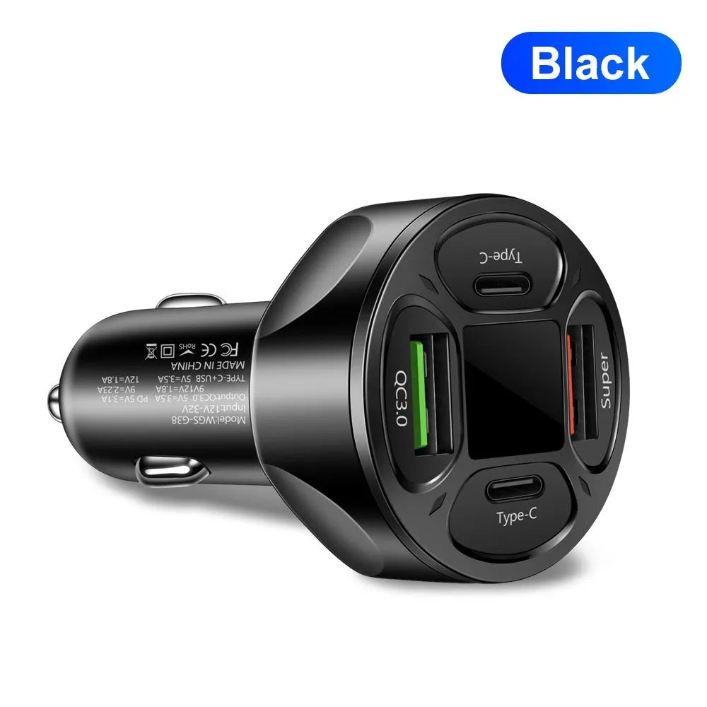66W car charger with digital display showing 2 USB ports and 2 Type-C ports for vehicle charging