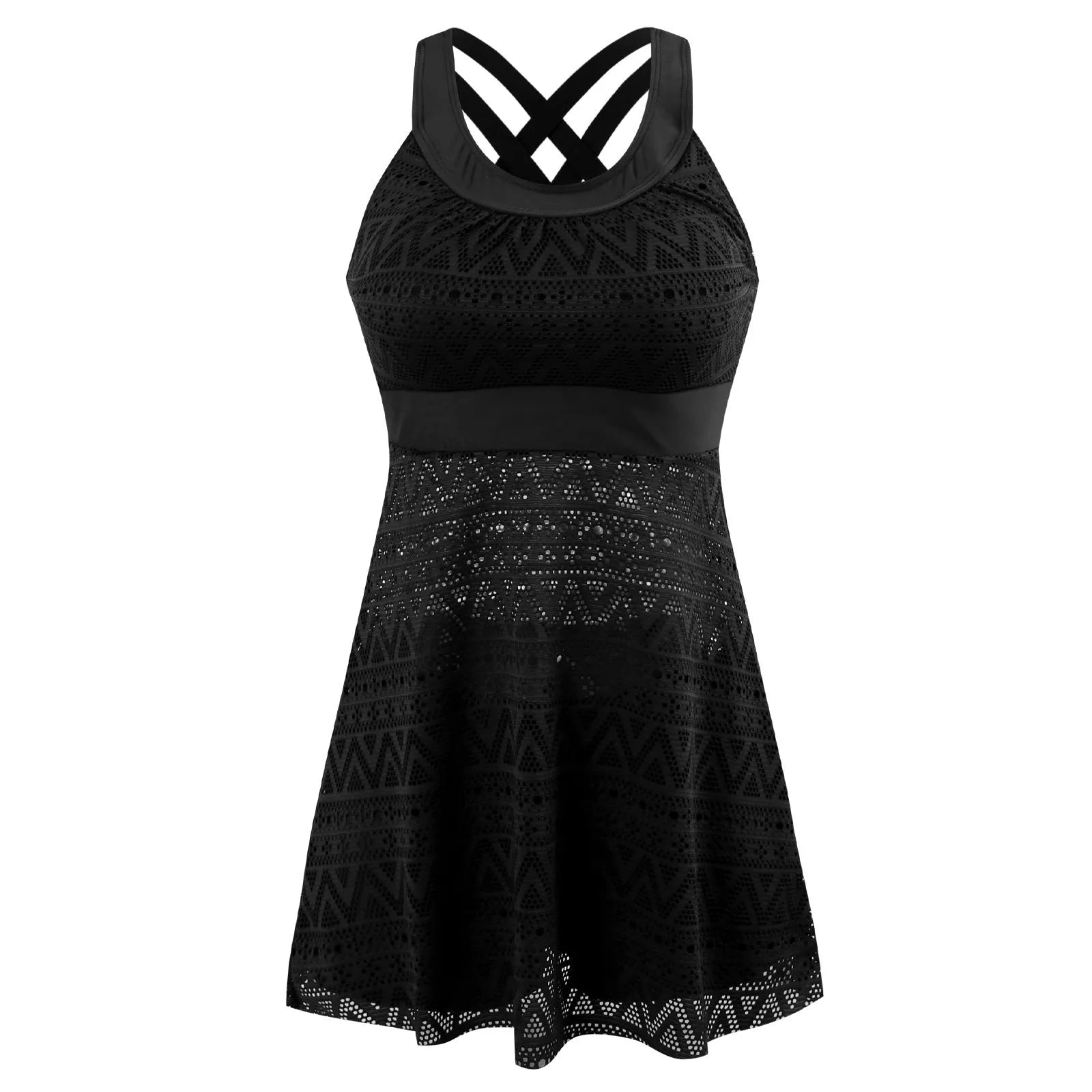 Conservative split swimsuit for ladies in black and dark blue options with slimming fit