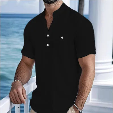 Men's linen stand collar t-shirt in light blue colour with short sleeves and loose fit