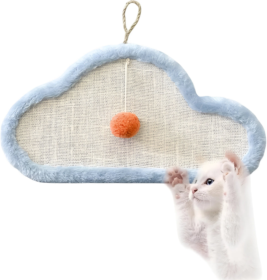 White cat scratching mat with sleeping cat pattern, made from natural sisal, shown mounted on a wall