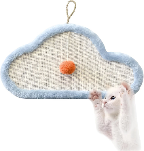 White cat scratching mat with sleeping cat pattern, made from natural sisal, shown mounted on a wall