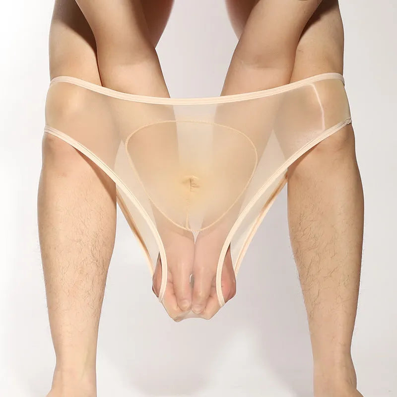 Men's silky nylon briefs with bullet separation in black, shown on a mannequin.