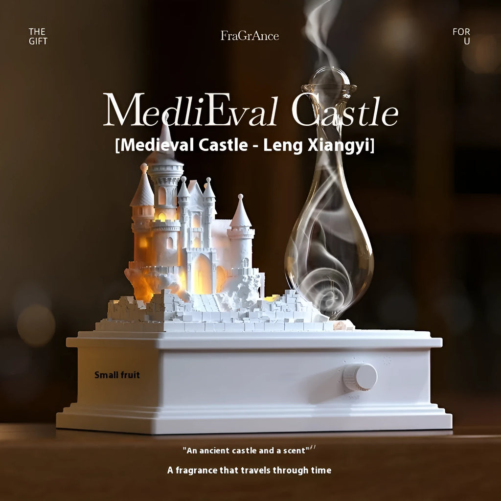 White medieval castle aromatherapy machine with ambient light, showing composite gypsum construction and Type-C charging port.